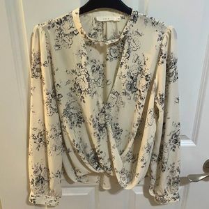 Lush surplice top, size small, cream/black floral print